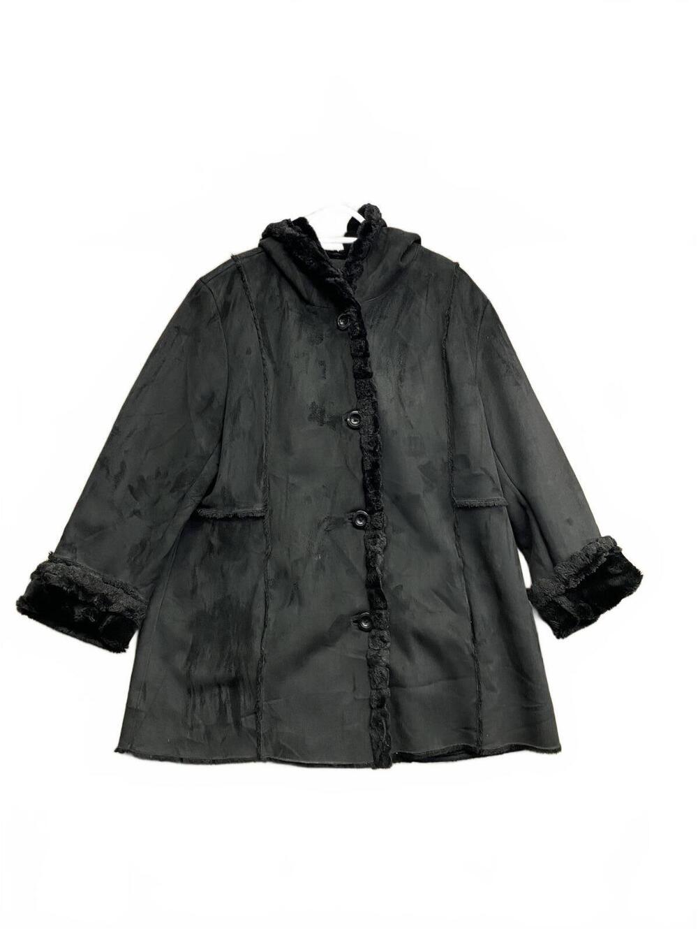 Vintage Midtown Women's Black Faux Suede/Fur Lined Hooded Coat Size XL
